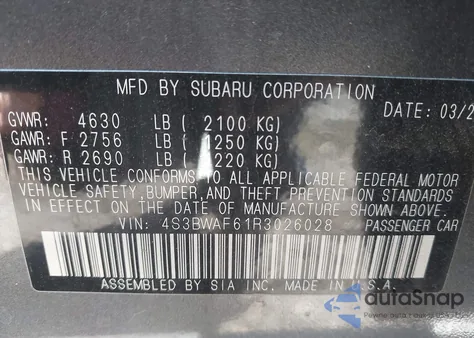 2024 Subaru Legacy Premium z USA, uszkodzony, nr VIN 4S3BWAF61R3026028